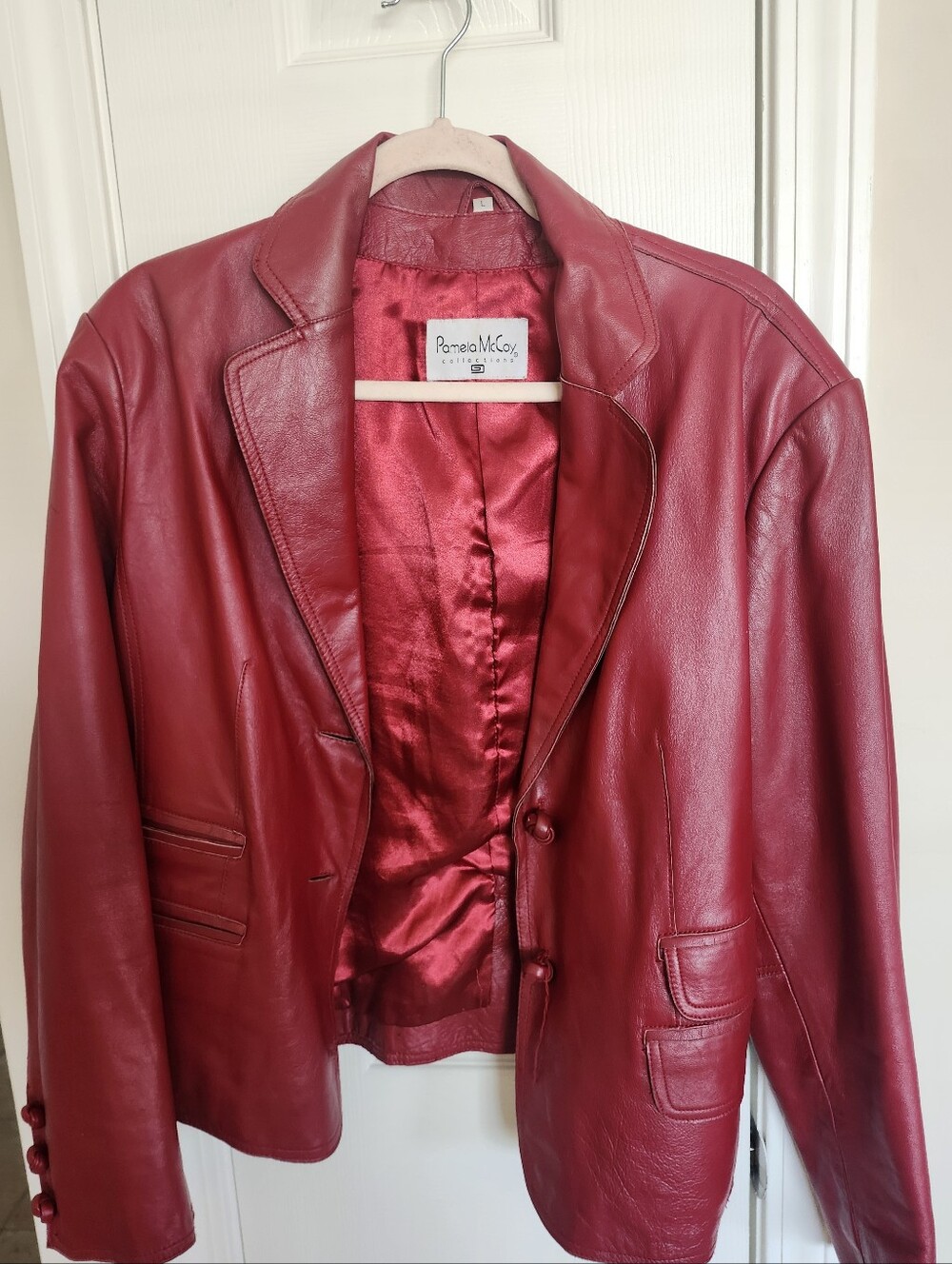Pamela McCoy Red Leather Blazer Jacket with Satin Lining